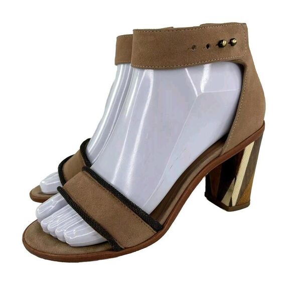 Anthropologie Bernardo Suede Wood Heel Sandals US 5 M Tan Ankle Strap Open-Toe - Picture 1 of 10